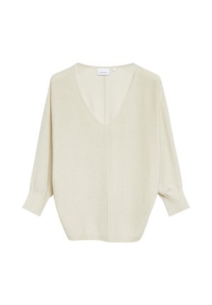 Beiger Langarm-V-Ausschnitt-Pullover mit dezentem Schimmer, gerippten Bündchen und lockerem Sitz.