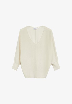 Beiger Langarm-V-Ausschnitt-Pullover mit dezentem Schimmer, gerippten Bündchen und lockerem Sitz.