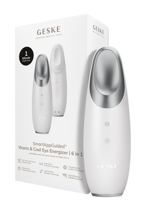 GESKE Warm & Cool Eye Energizer-enhed med metallisk behandlingshoved, to kontrolknapper og produktemballage, der viser 6-i-1 funktioner.
