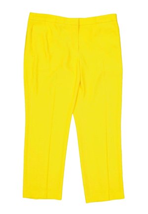 Pantalones rectos de color amarillo brillante con cintura y bolsillos laterales, colocados planos sobre un fondo blanco.