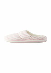 Pink and white striped slippers with a soft fabric upper, plush lining, and a slightly raised cushioned sole. No patterns on the bottom.