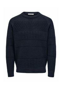 Pull bleu marine avec un design texturé présentant des motifs en losanges et côtelés. Col rond et poignets et ourlet côtelés. Fabriqué en tissu tricoté.