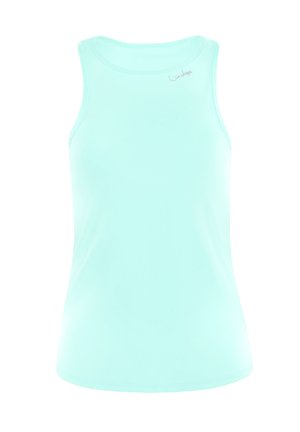 Minta zaļas bez piedurknēm tank top, izgatavots no gludas materiāla, ar apaļu dekoltē un diskrētu zīmola logo kreisajā priekšējā pusē.