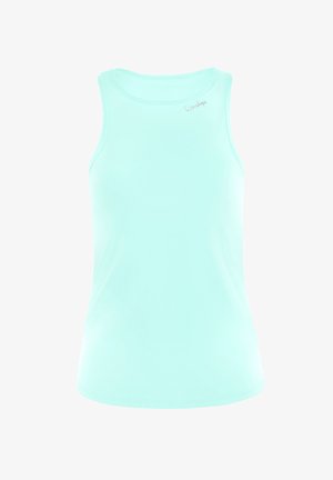 En mintgrön ärmlös tanktop i mjukt material, med en rundad halsringning och en diskret logotyp på vänster framsida.