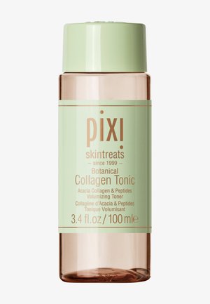 Transparente Flasche mit einem blassgrünen Etikett und passendem Deckel. Enthält botanischen Kollagen-Tonik, 3,4 fl. oz (100 ml). Einfaches Design.