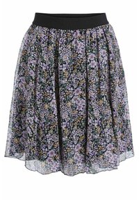 Gonna floreale con vita elastica nera; presenta un motivo di fiori viola e gialli su uno sfondo scuro; tessuto trasparente.