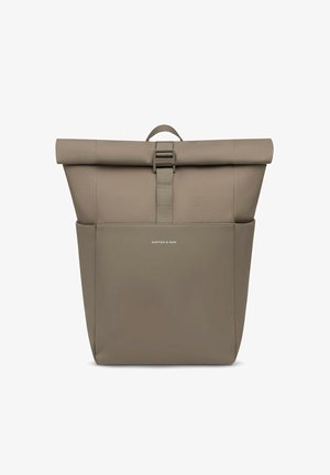 Rolled-top backpack in beige fabric, featuring a buckle closure, contrasting lower section, and embossed logo on the front.