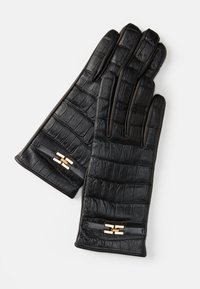 Luvas de couro pretas com textura de crocodilo, apresentando um detalhe em metal dourado e um acabamento de couro suave no punho.