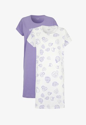 Twee nachthemden met korte mouwen, één effen lavendel met gedeeltelijke tekst, één wit met lavendelkleurige koffiekopillustraties.