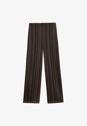 Pantalons à jambes larges en tissu léger, avec des rayures verticales marron foncé et noires. Aucun poches ; taille élastique pour le confort.