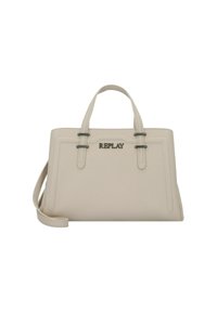 Borsa a spalla beige con doppi manici e tracolla regolabile. Presenta dettagli metallici e il logo "REPLAY". Texture liscia e forma strutturata.
