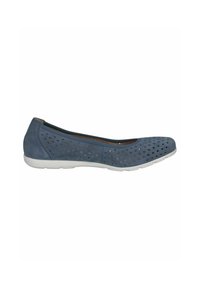 Blue perforated flat shoe with a round toe, soft suede material, and white rubber sole. Features a breathable design with open patterns.