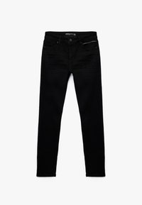 Schwarze Skinny-Jeans aus Denim mit glatter Textur, ausgestattet mit Vordertaschen und einem kleinen Reißverschlussdetail auf der rechten Seite.