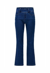 Jeans de mezclilla azul oscuro acampanados con cintura alta, que cuentan con bolsillos frontales, detalles de costura lateral y una textura suave.