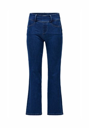 Donkerblauwe denim flared jeans met een hoge taille, voorzien van voorzakken, zijnaaddetails en een gladde textuur.