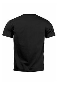 Black cotton t-shirt with short sleeves and a crew neck. Smooth texture, plain design, and no visible graphics or accents on the back.