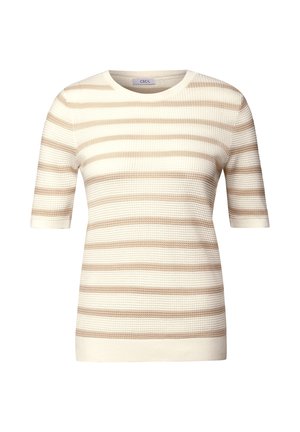 Pull à manches courtes en crème avec des rayures beiges alternées, tissu texturé, col rond et coupe décontractée. Marque : Cecil.
