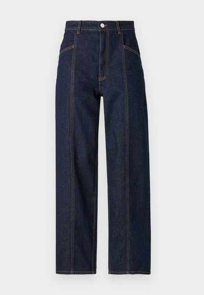 Dark blue denim wide-leg jeans with a high waist, featuring contrasting orange stitching and side pockets. The fabric has a smooth texture.