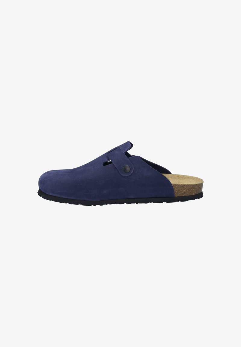 Marine suede instapper met een zwarte zool, voorzien van een zijband voor een veilige pasvorm, en een contrasterende bruine kurken voetbed.