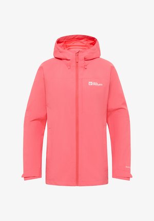 Roze waterdichte jas met een capuchon, volledige rits aan de voorkant en verstelbare manchetten. Heeft een borstlogo en is gemaakt van lichtgewicht stof.