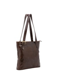 Sac fourre-tout en cuir marron avec deux poignées, texture lisse, forme rectangulaire et fermeture éclair sur le dessus.