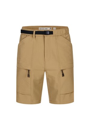 Khakifarbene Cargoshorts mit schwarzem verstellbarem Gürtel, zwei vorderen Reißverschlusstaschen mit Klappen und elastischem Bund mit der Aufschrift "Indicode Jeans".