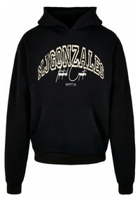 Sort hættejakke med "MJGONZALES" i slidt cremegul skrift og en frontlomme. Blødt stof med ribkantede ærmer og kant.