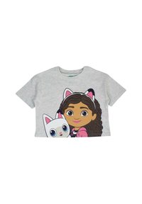 Crop top gris avec un dessin animé représentant une fille aux cheveux bouclés et un chat blanc, tous deux ornés d'accents aux oreilles. Manches courtes, design décontracté.