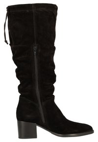 Black suede knee-high boot with a slouchy design, featuring a side zipper and a chunky heel. The texture is smooth and rich.