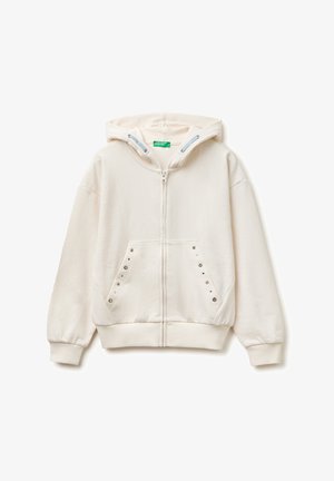 Cremefarbener Kapuzenpullover mit Reißverschluss, Vorderaschen mit Metallösen und verstellbarer Kapuze mit Kordelzug.