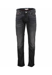 Jeans de mezclilla negros con un corte slim. Cuenta con cinco bolsillos, cierre de cremallera y un ligero desgaste. Costuras de acento en rojo cerca de los bolsillos.