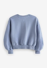 Sudadera azul claro con escote redondeado, mangas largas abullonadas y dobladillo acanalado. Textura suave, diseño casual y detalles mínimos.