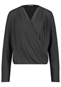 Svart inslagstopp i ett mjukt, texturerat tyg med en liten lyster; har långa ärmar och en V-ringning för en bekväm passform.