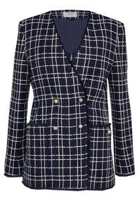 Mörkblå rutigt kavaj med vit rutmönster, dubbelfärgad design, guldiga knappdetaljer och fickor; textil med struktur och en formell passform.