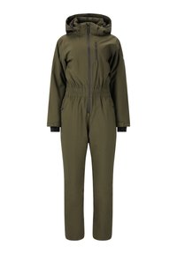 Salopette imperméable vert olive avec une taille ajustée, capuche réglable, fermeture éclair à l'avant et poches zippées. Texture lisse et design simple.