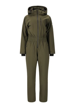 Olivegrön vattentät overall med avsmalnande midja, justerbar huva, framzipper och fickor med dragkedja. Slät textur och enkelt design.