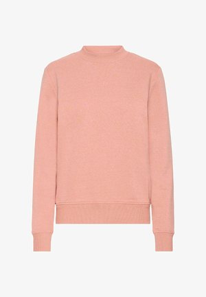 Hellrosa Sweatshirt mit hohem Kragen, langen Ärmeln, gerippten Bündchen und Saum. Hergestellt aus weichem Stoff mit glatter Textur.