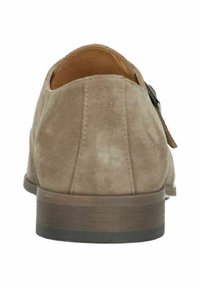Suede instappers in lichtbruin met een glad leren interieur, voorzien van een ronde neus en een lage blokhak met een rubberen zool.