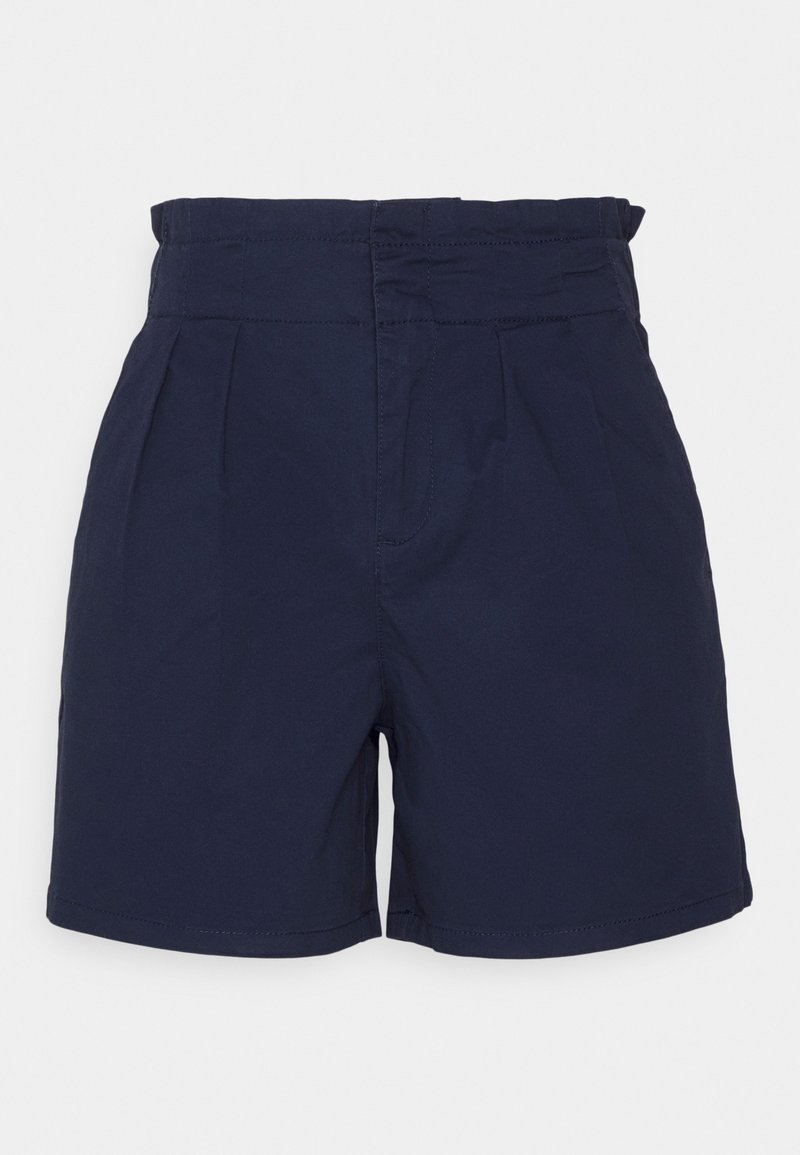 Shorts bleu marine taille haute avec des plis, une taille élastique et un devant épuré, présentés sur un fond blanc.