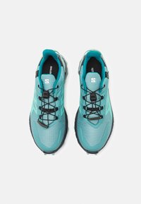 Paire de chaussures de trail turquoises avec lacets élastiques noirs et logo blanc sur les languettes, vues de dessus sur fond blanc.