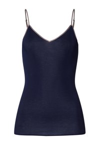 Marine tanktop met dunne bandjes, V-hals en een gladde textuur. Heeft een contrasterende lichtere rand langs de halslijn.