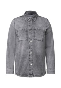 Camicia in denim grigia con colletto, due tasche sul petto, chiusura a bottoni e maniche lunghe con polsini a bottone. Tessuto morbido con finitura scolorita.