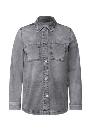 Szara koszula z denimu z kołnierzykiem, dwiema kieszeniami na piersi, zapięciem na guziki i długim rękawem z mankietami zapinanymi na guziki. Miękka tekstura z wyblakłym wykończeniem.