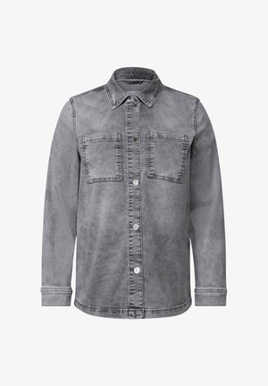 Grau denim Hemd mit Kragen, zwei Brusttaschen, Knopfverschluss und langen Ärmeln mit Knopfmanschetten. Weiche Textur mit einem ausgewaschenen Finish.