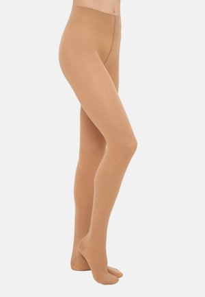 Meias-calças em tom nude com um acabamento liso e transparente. Apresenta uma cinta confortável e uma secção de biqueira reforçada. Design leve e ajustado ao corpo.