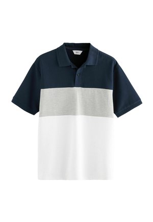 Polo de rayas horizontales en navy, gris claro y blanco. Confeccionado en algodón con un acabado texturizado y un cuello de dos botones.