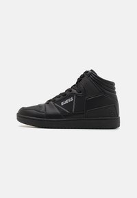 Black high-top sneakers made of textured leather, featuring white stitching, a logo on the side, and a rubber sole with treads.