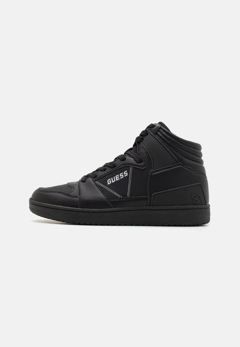 Black high-top sneakers made of textured leather, featuring white stitching, a logo on the side, and a rubber sole with treads.