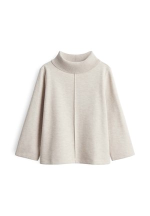 Beige pullover met een hoge ribbelkraag, dropped shoulders en driekwartmouwen. Zachte textuur met een losse, boxy vorm.
