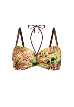 Góra od bikini z wielokolorowym wzorem liści palmowych, brązowymi regulowanymi ramiączkami, ukształtowanymi miseczkami oraz trzema ozdobnymi guzikami na środku.